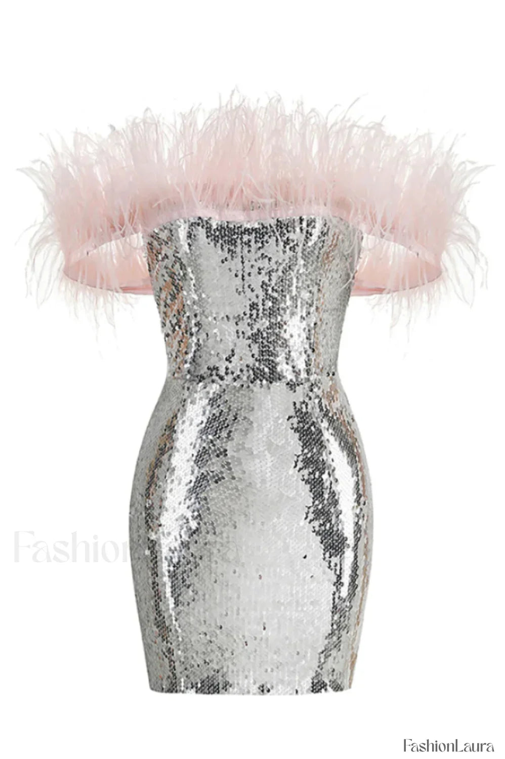 Eleni Off Shoulder Charming Feather Sequin Dress XS / Silver