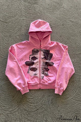 Embroidery Rhinestone Print Zip Hoodie Pink / S