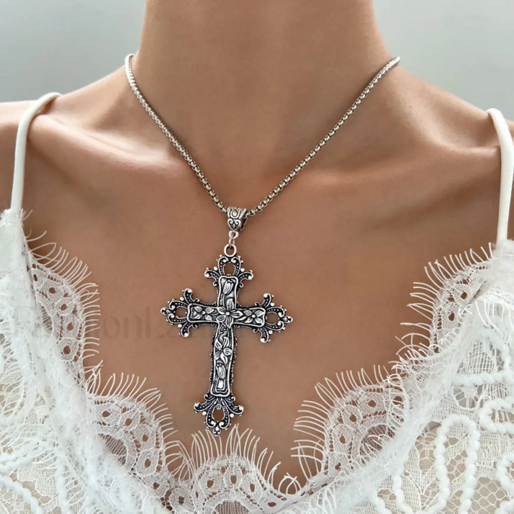 Exaggerated Silver Cross Hip Hop Sweater Necklace SILVER