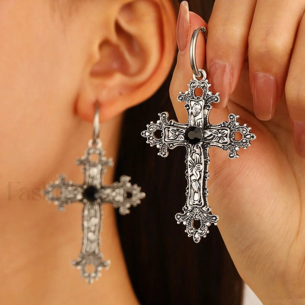 Exaggerated Silver Cross Hip Hop Sweater Necklace SILVER