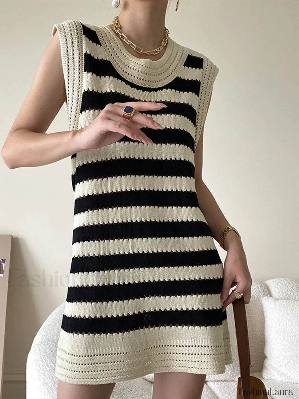 Eyelet Stripe Knit Short Dress Sweater Dresses