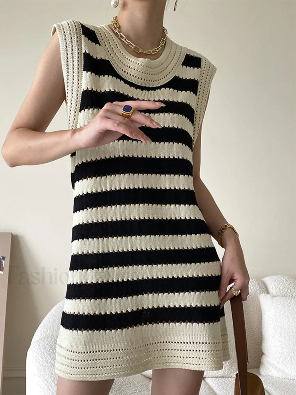 Eyelet Stripe Knit Short Dress Sweater Dresses