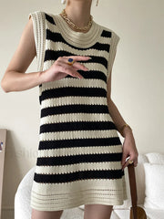 Eyelet Stripe Knit Short Dress Sweater Dresses