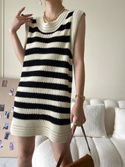 Eyelet Stripe Knit Short Dress Sweater Dresses