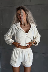 Contrast Velour Zip Front Shorts Hoodie Two Piece Set