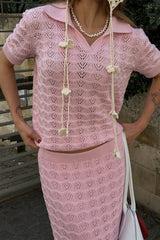 Openwork Polo Knit Top Maxi Skirt Set