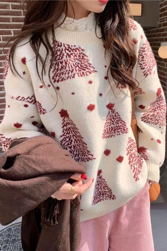 Color Block Snowflake Christmas Tree Pattern Knit Sweater