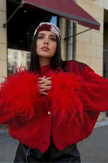 Furry Cuff Metal Button Christmas Cardigan