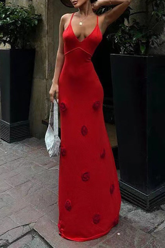 Vintage Red Maxi Crochet V Neck Fitted Camisole Sweater Dress