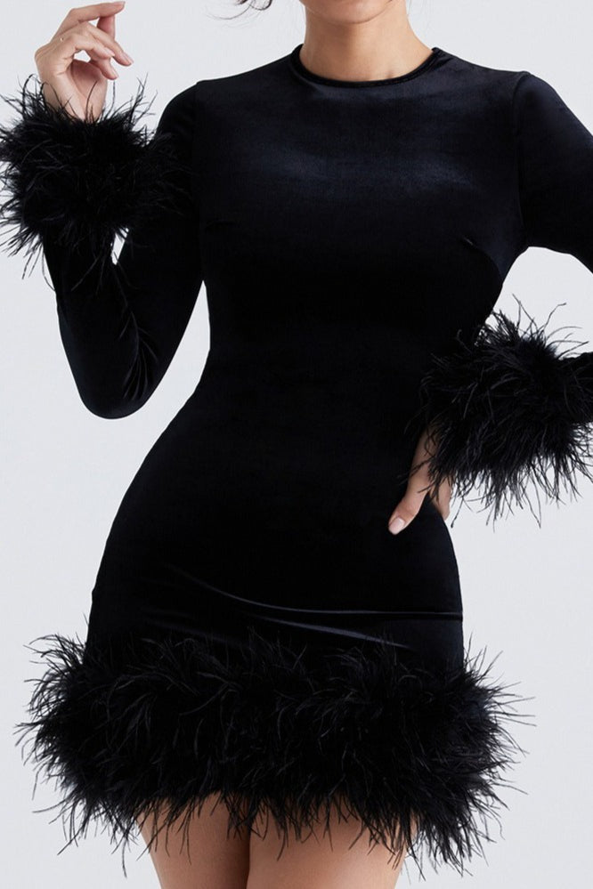 Knitted Fleece Cuff Hem Waist Cinching Slim Velvet Dress