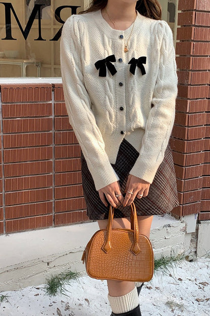 Sparkle Bow Detail Ribbed Christmas Cardigan