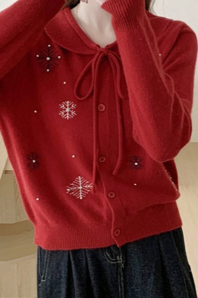 Beaded Snowflake Tie Collar Christmas Cardigan