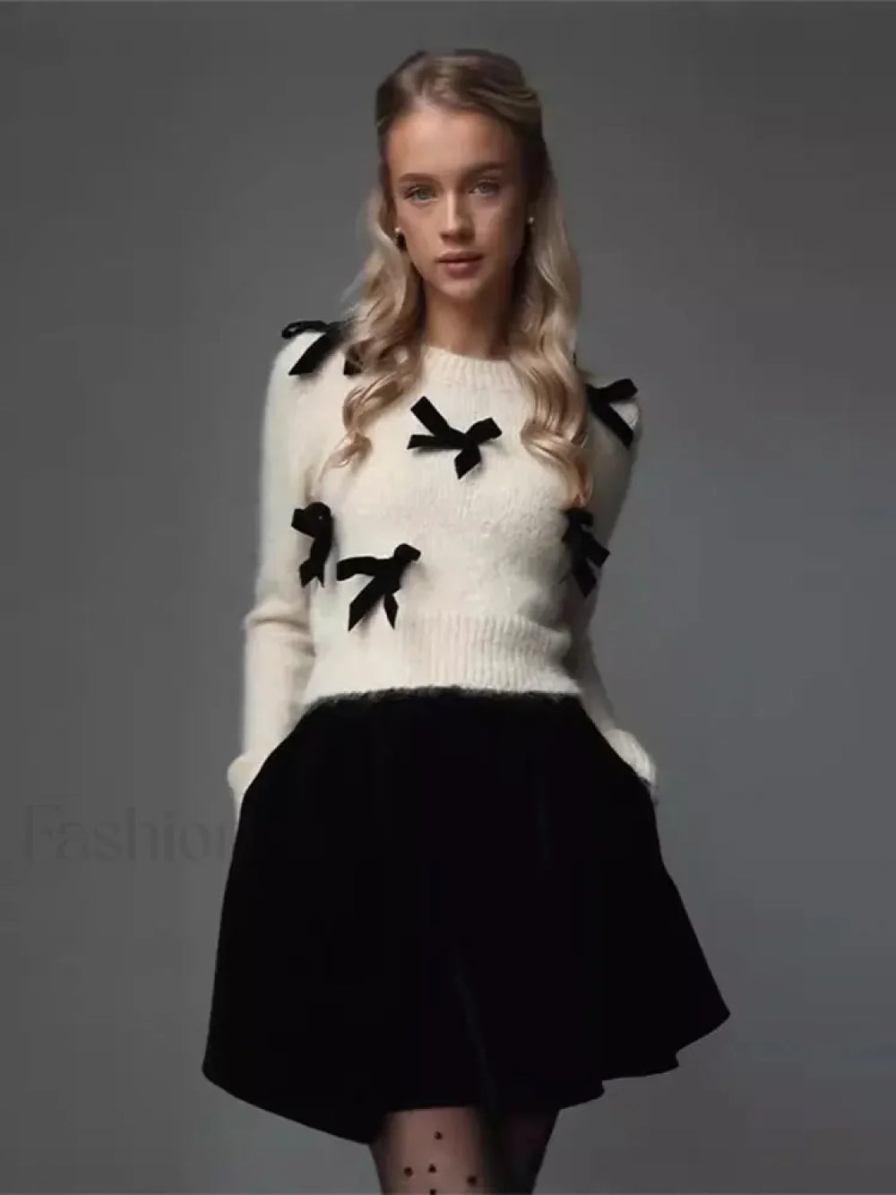 Fashion 3D Bow Round Neck For Women Elegant Long Sleeve Slim Warm Sweater Sweaters L