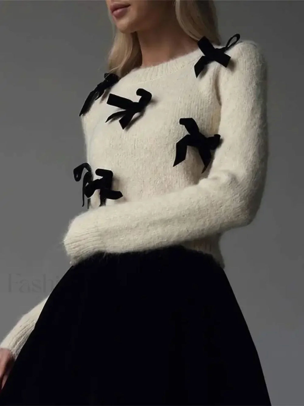 Fashion 3D Bow Round Neck For Women Elegant Long Sleeve Slim Warm Sweater Sweaters L