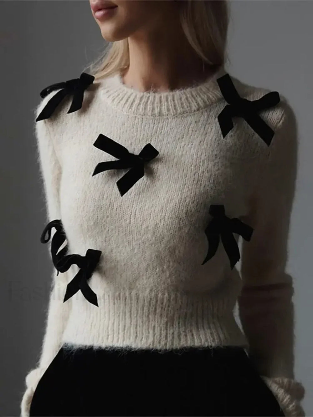 Fashion 3D Bow Round Neck For Women Elegant Long Sleeve Slim Warm Sweater White / S Sweaters L