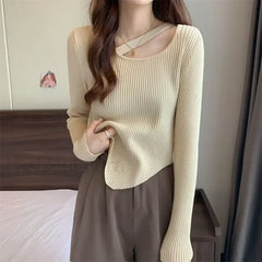 Fashion Sexy Y2K Women’s Knitted Cropped Top Openwork Knitted Bottoming Shirt Sweater Sweaters L