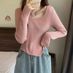 Fashion Sexy Y2K Women’s Knitted Cropped Top Openwork Knitted Bottoming Shirt Sweater Sweaters L