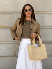 Fashion Suede Leather Long Sleeve Cropped Jacket Women Casual Overcoats