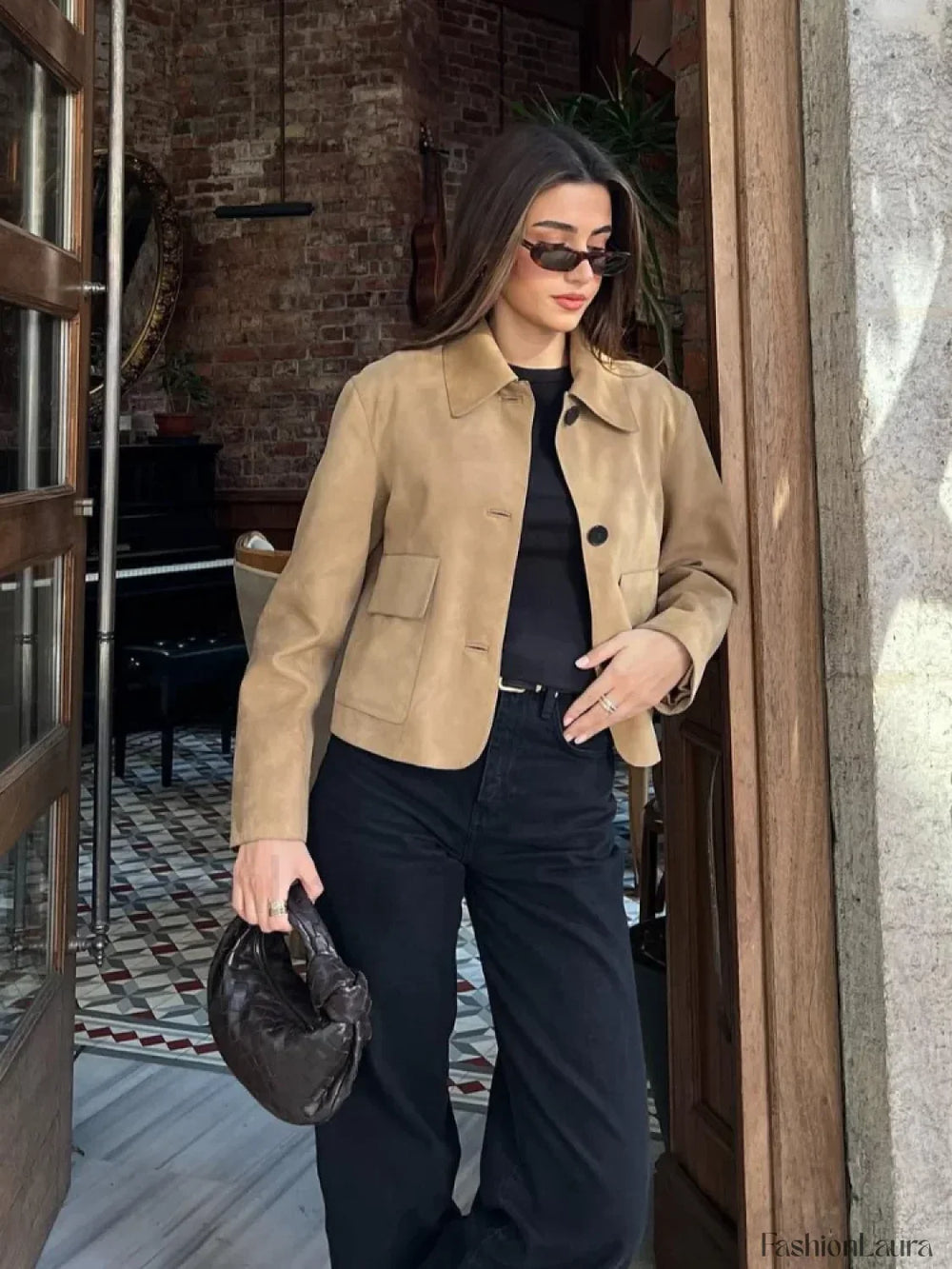 Fashion Suede Leather Long Sleeve Cropped Jacket Women Casual Overcoats