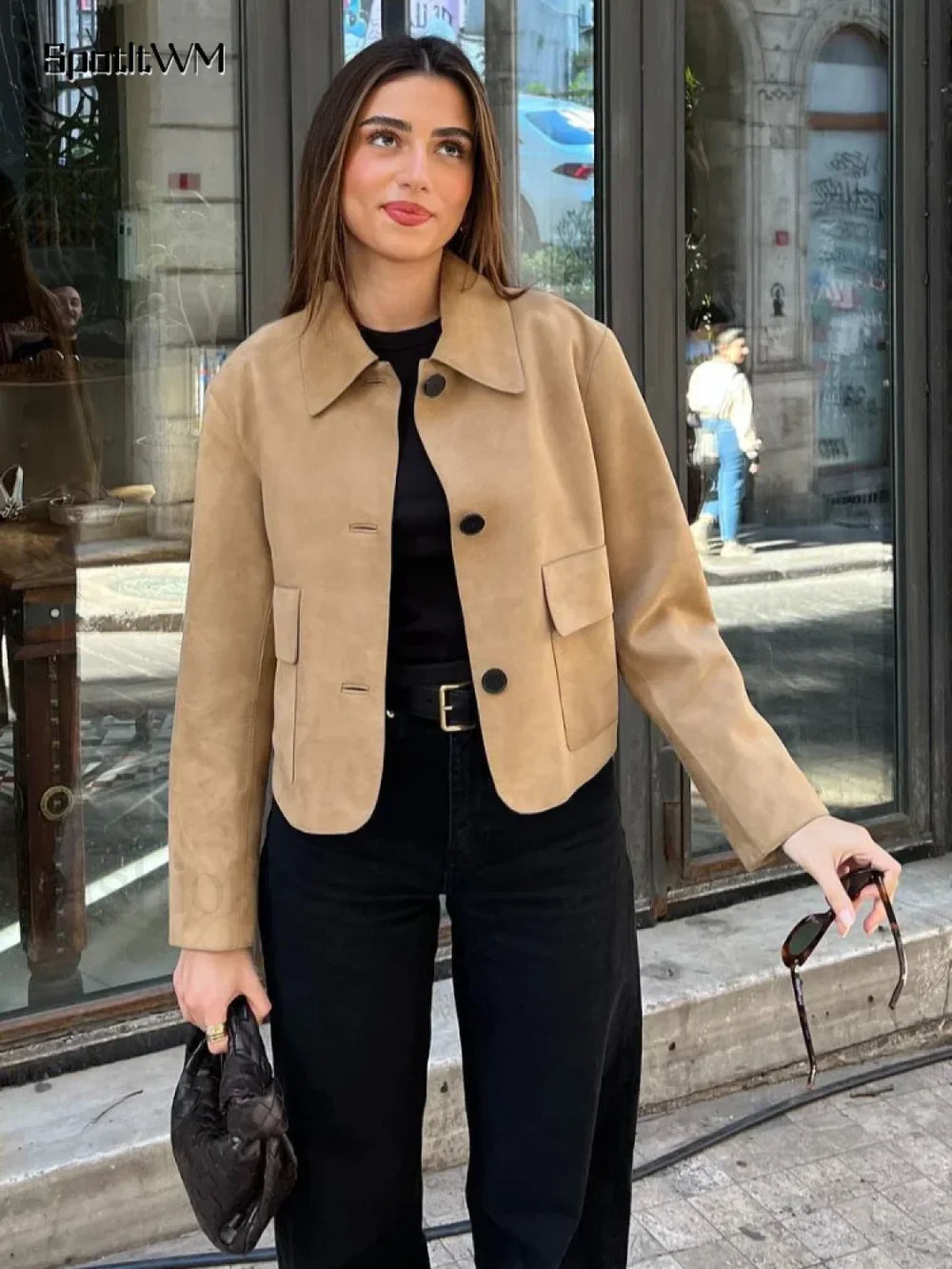 Fashion Suede Leather Long Sleeve Cropped Jacket Women Casual Overcoats