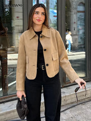 Fashion Suede Leather Long Sleeve Cropped Jacket Women Casual Overcoats