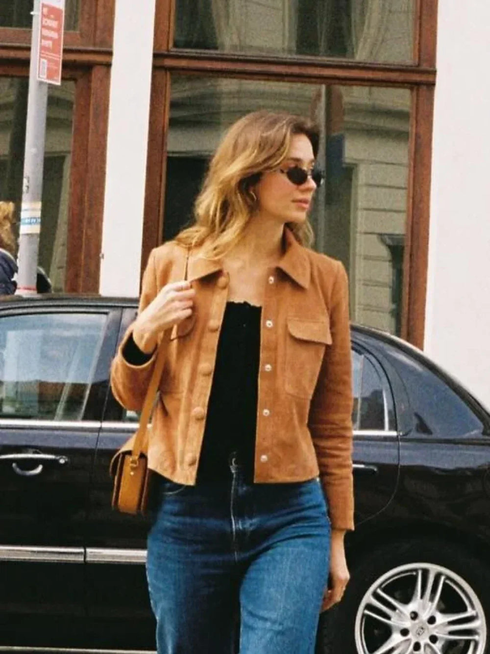 Fashion Suede Leather Long Sleeve Cropped Jacket Women Casual Overcoats Brown / S