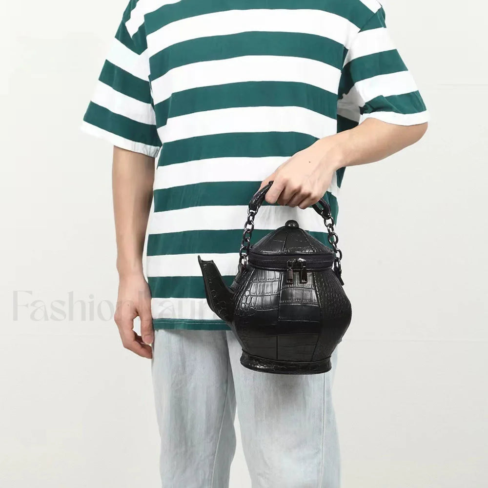 Fashion Teapot Shaped Stone Pattern Leather Gothic Personalized Bag Black