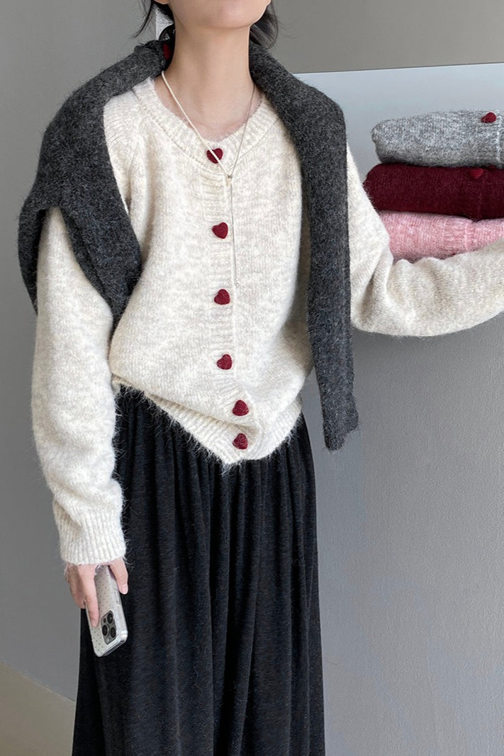 Oversized Heart Button Round Neck Christmas Cardigan
