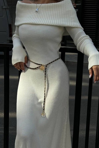 Long Sleeve Cotton Knit Bardot Collared Off Shoulder Sweater Dress