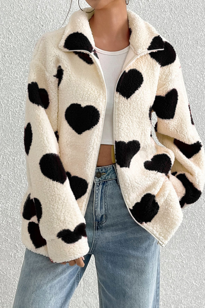 Fuzzy Heart Print Oversized Long Sleeve Zip Christmas Outerwear