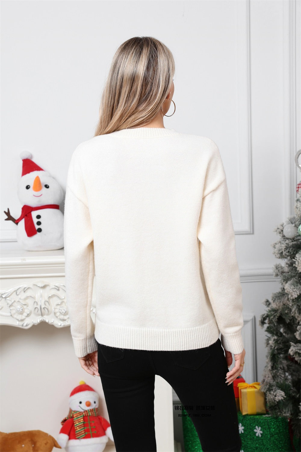 Christmas Santa Print Color Block Crew Neck Sweater