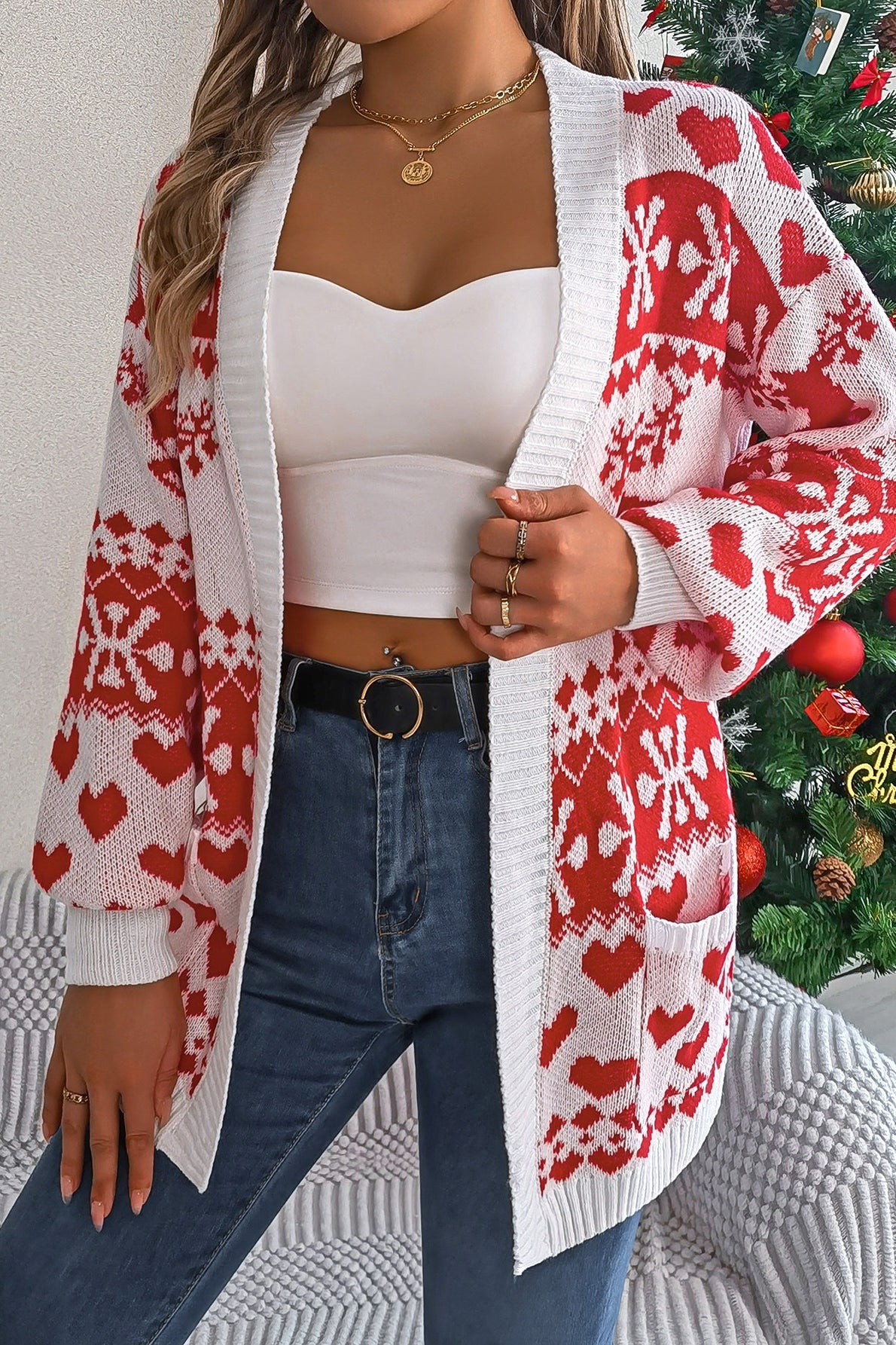 Reindeer Pocket Long Sleeve Christmas Cardigan