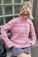Striped Polo Collar Relaxed Long Sleeve T Shirt
