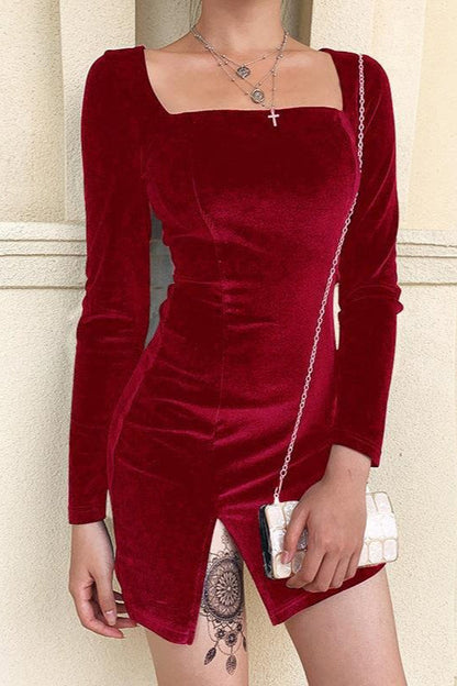 Solid Korean Velvet U Neck Long Sleeve Split Velvet Dress