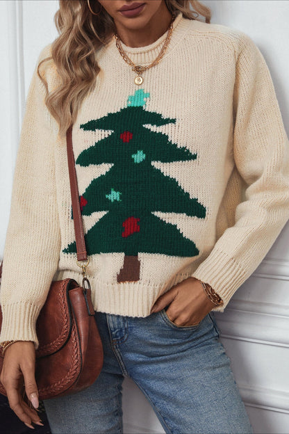 Christmas Cozy Color Block Xmas Tree Print Sweater