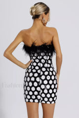 Feather Trim Polka Charming Dot Sequin Dress