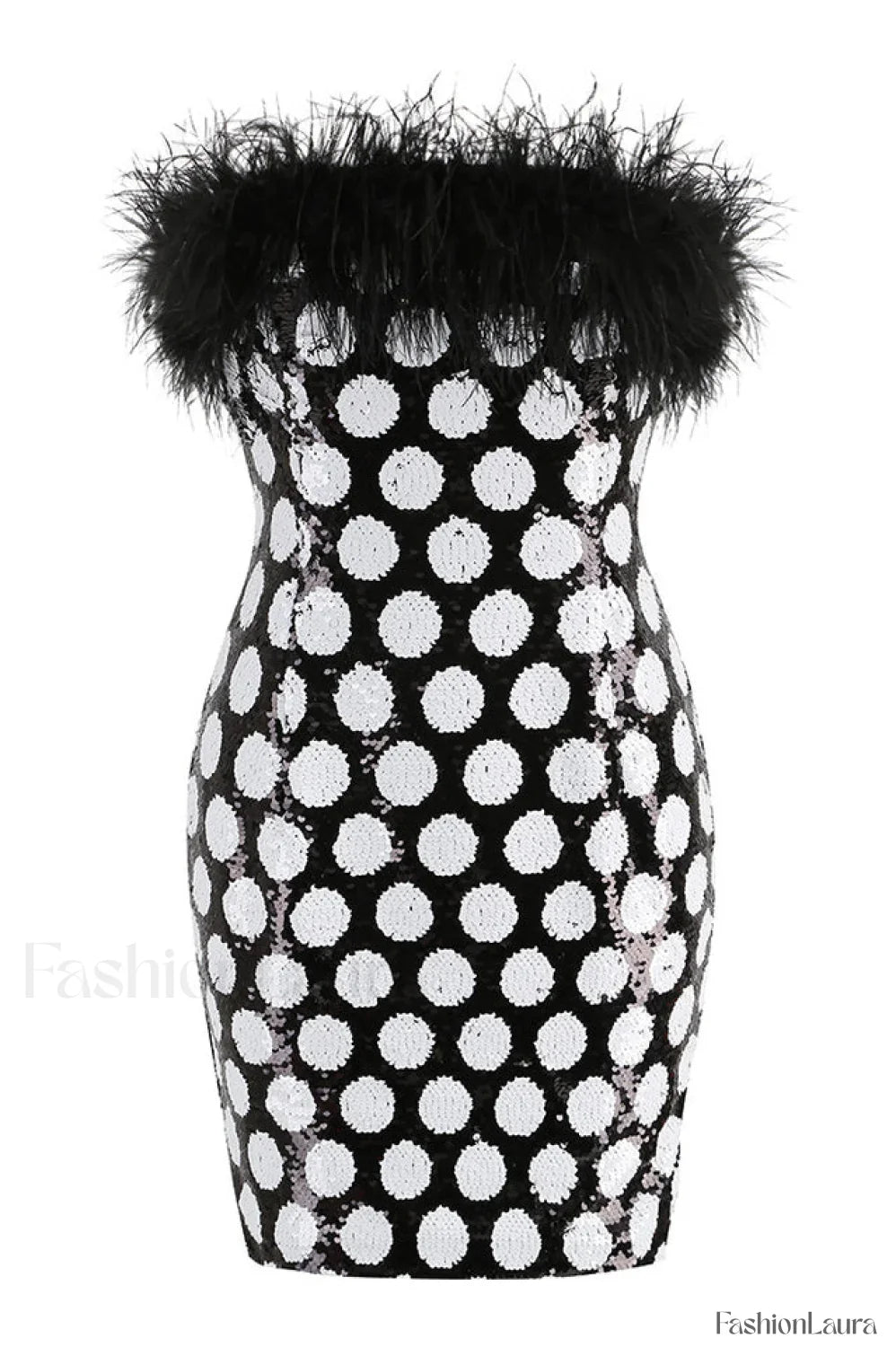 Feather Trim Polka Charming Dot Sequin Dress XS / Black
