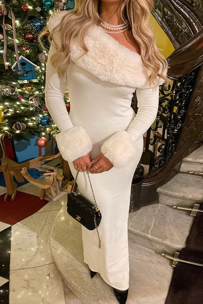 Fur Collar Paneled Asymmetric Neckline Solid Maxi Dress