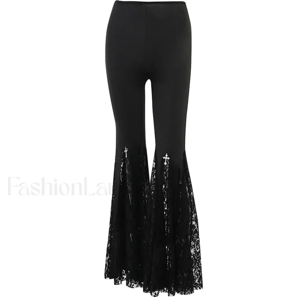 Flared Black Lace Pants for Halloween Events Black / S