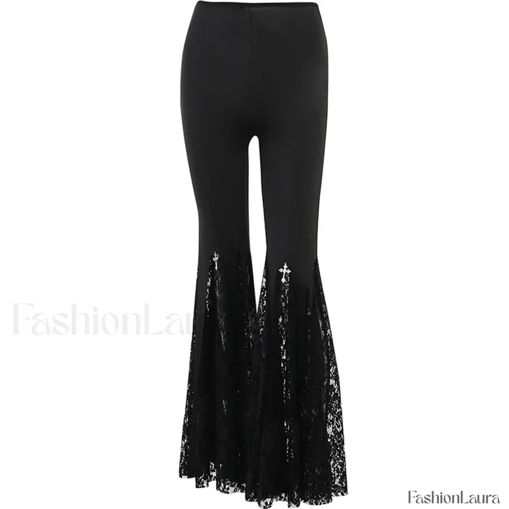 Flared Black Lace Pants for Halloween Events Black / S