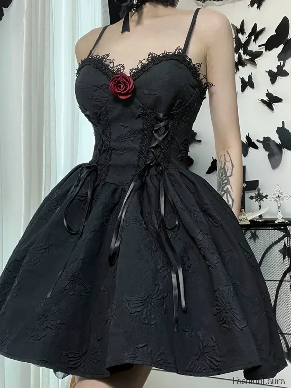 Goth Print Rose Lace Up A Fairy Grunge Backless V Neck Summer Party Dress