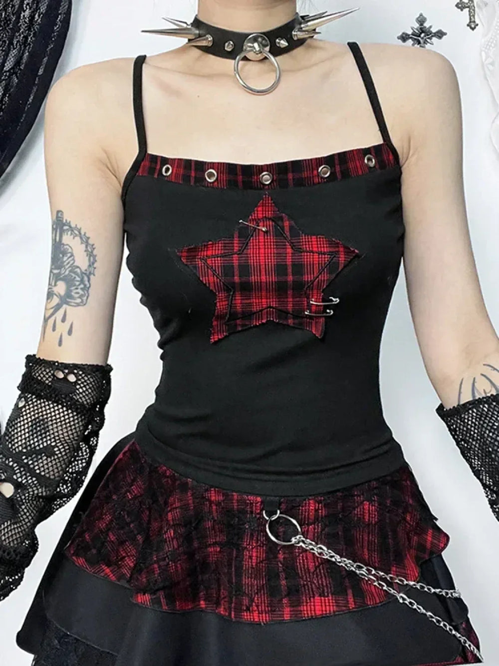 Goth Y2K Pentagram Patchwork Punk Cyber Crop Top A / S