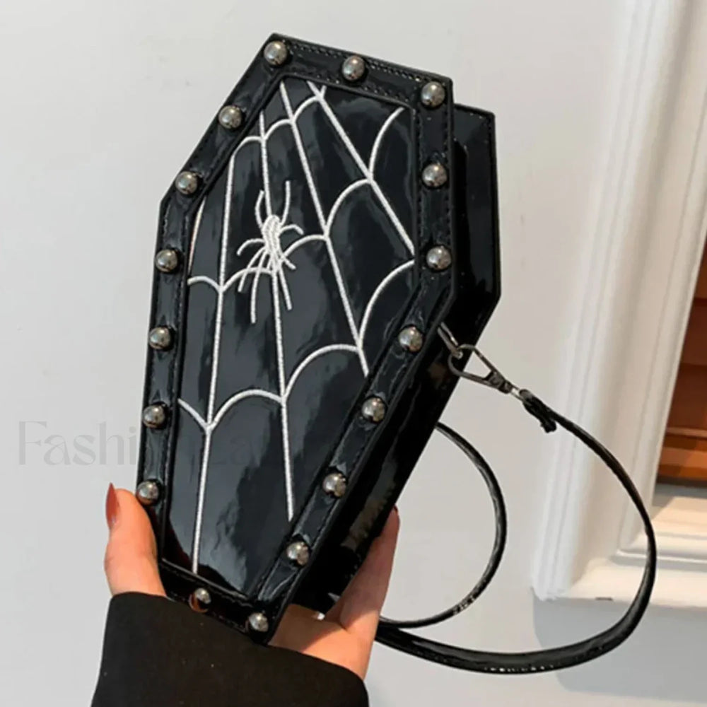 Gothic Adjustable Spider Coffin Shape Mobile Phone Y2K Halloween Satchel Purse Bag black2