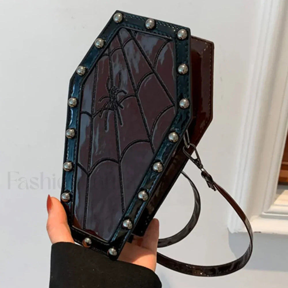 Gothic Adjustable Spider Coffin Shape Mobile Phone Y2K Halloween Satchel Purse Bag claret2