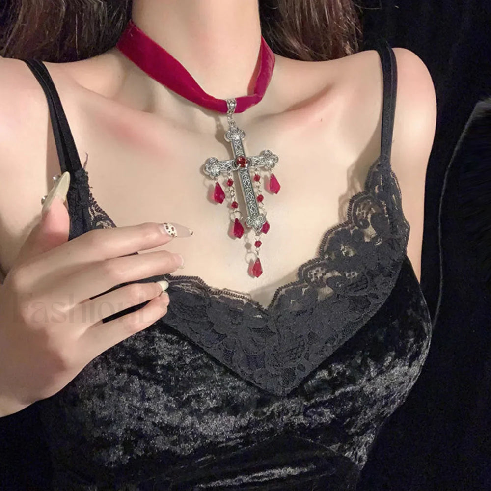 Gothic Blood Drop Tassel Cross Velvet Necklace RED
