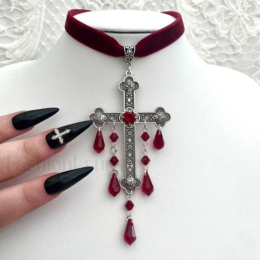 Gothic Blood Drop Tassel Cross Velvet Necklace RED