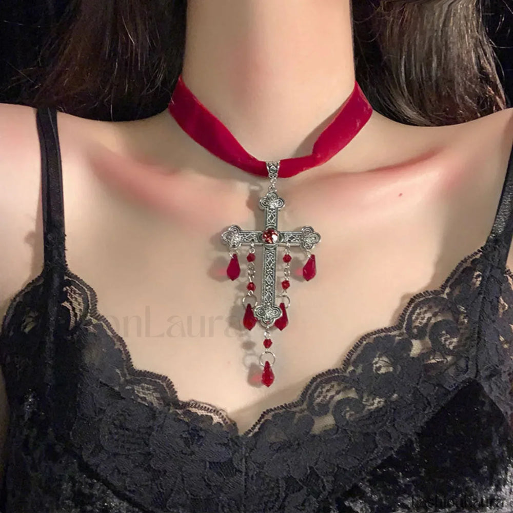Gothic Blood Drop Tassel Cross Velvet Necklace RED