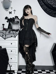 Gothic Bodycon Lace Hi Trim Corset Low Swing Evening Strapless Sleeveless Dress