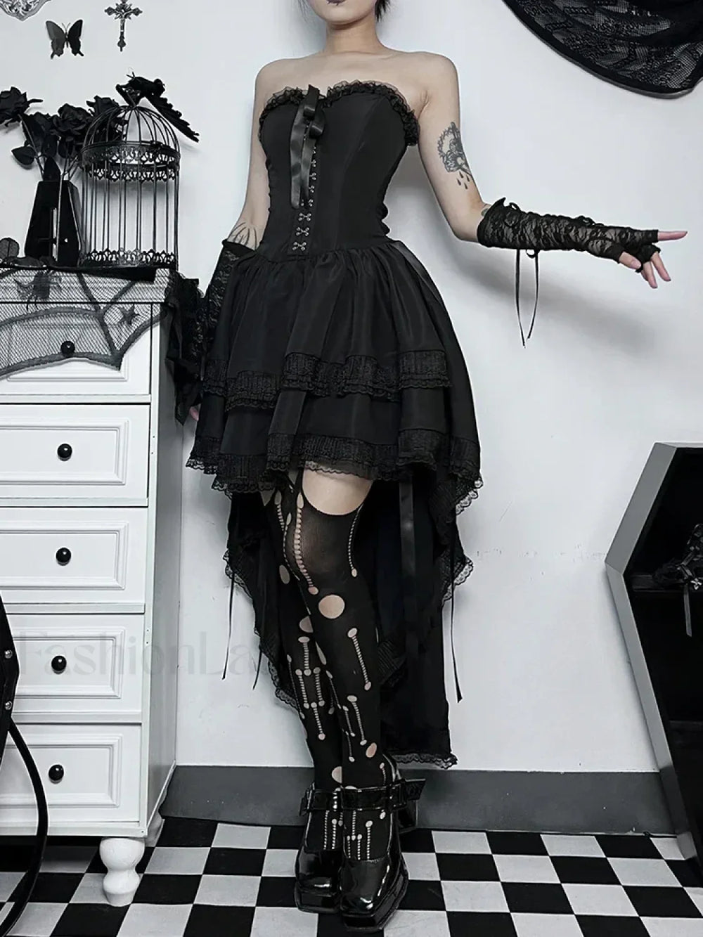 Gothic Bodycon Lace Hi Trim Corset Low Swing Evening Strapless Sleeveless Dress