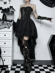 Gothic Bodycon Lace Hi Trim Corset Low Swing Evening Strapless Sleeveless Dress
